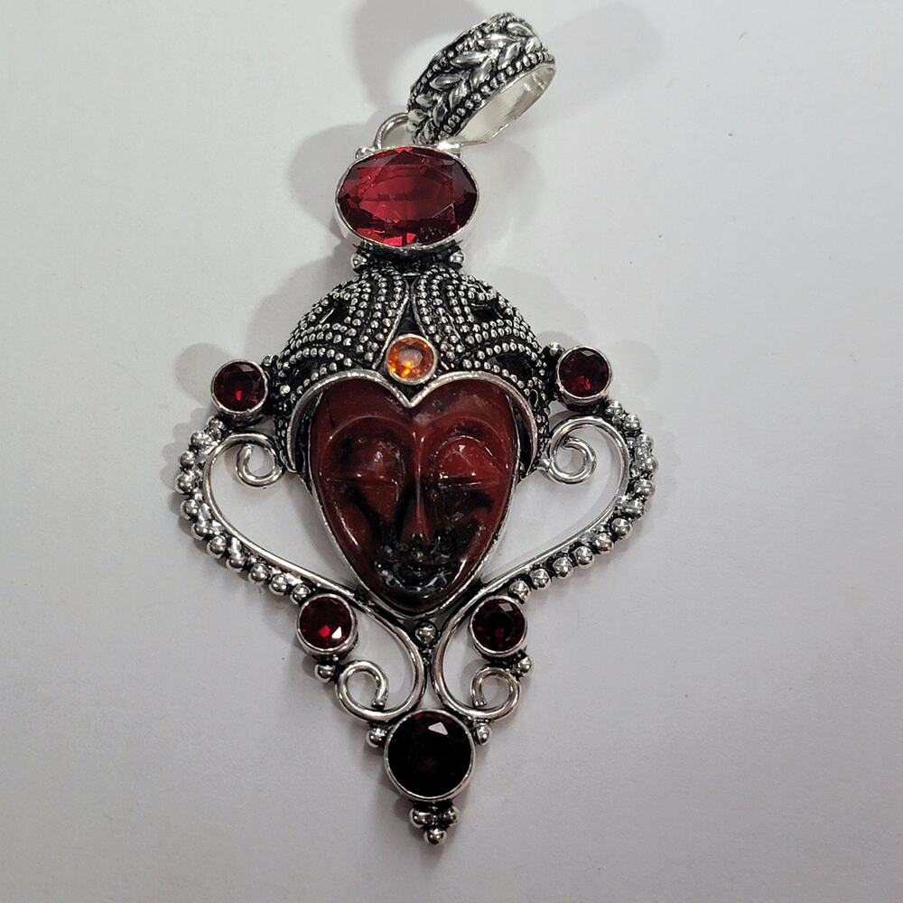Goddess Pendant Carved Stone Face Sterling Silver with Garnet